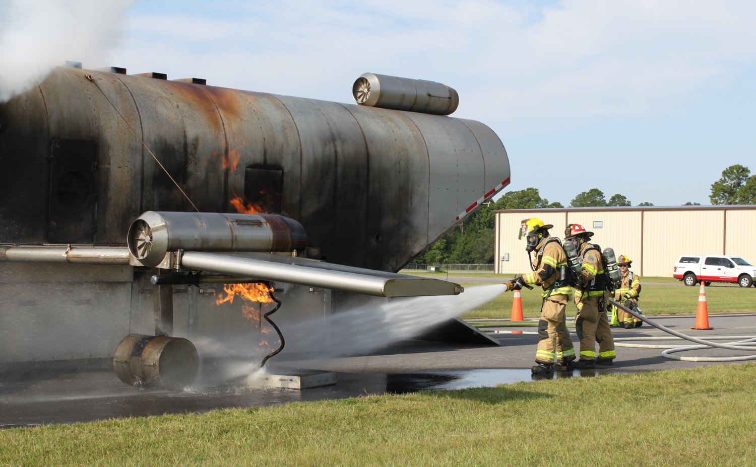 Gulf Shores Fire crews practice engine leak fire scenario complete with tire explosion sound effect.